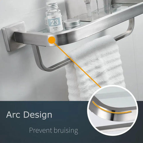 Heavy Duty Glass Bathroom Shelf With Towel Bar And Rail Wall Mount Storage Rack Stainless Steel SUS304 Brushed Nickel Finish