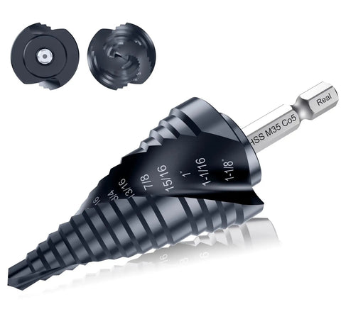 Double Spiral Cobalt Step Drill Bit M35 with Hex Shank Unibit for Metal and Stainless Steel One Quarter to One and One Eighth Inch TiAIN Coated