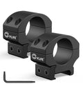 Rock Solid One Inch Low Profile Scope Rings For Standard Picatinny Rails With Locked Down Recoil Stop Precision Rifle Optic Mount Brackets Two Pack Range Ready, black aluminum with hex screw and wrench.