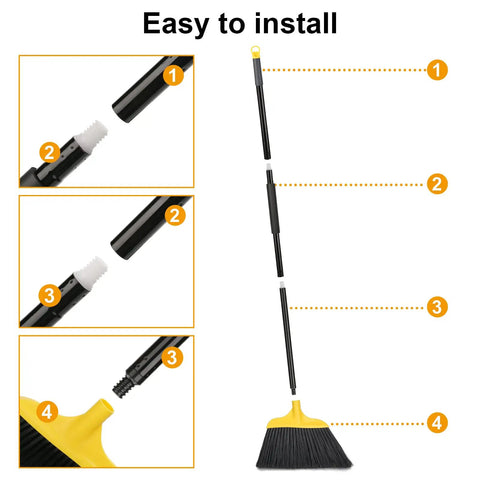 3 Pack 54 Inch Heavy Duty Rugged Outdoor Brooms With Four Layer Stiff Bristles assembly steps and adjustable handle