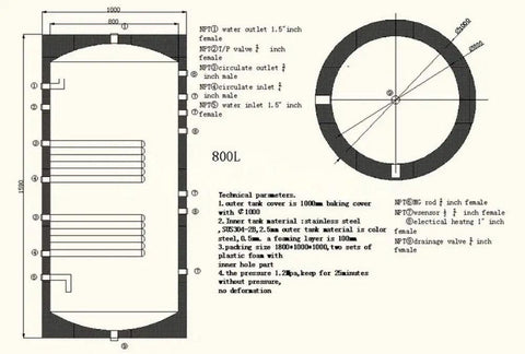 Heavy Duty 198 Gallon Solar Hot Water Heater Tank With Dual Copper Coil Heat Exchanger And Thick Polyurethane Insulation layout diagram