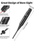 Laser Bore Sight Kit For 177 To 12 GA Caliber Rifles And Pistols, showing powerful red laser and big button switch.