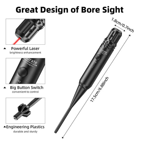 Laser Bore Sight Kit For 177 To 12 GA Caliber Rifles And Pistols, showing powerful red laser and big button switch.