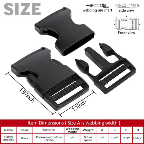 1 Inch Black Plastic Quick Release Parachute Buckles 30 Pack for Backpack Straps and Webbing Belts, dimensions and side view diagram.