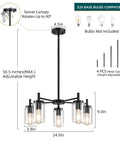 Diagram of 4 Light Black Dining Room Chandelier With Glass Shades, Farmhouse Contemporary Modern Pendant Ceiling Light dimensions shown