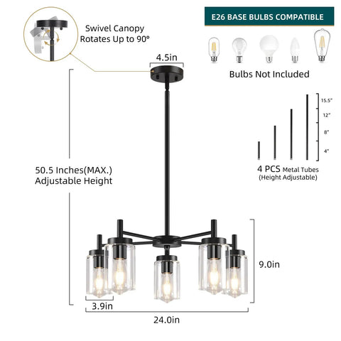 Diagram of 4 Light Black Dining Room Chandelier With Glass Shades, Farmhouse Contemporary Modern Pendant Ceiling Light dimensions shown