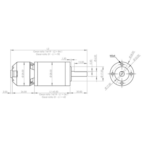 Blueprint of Thor 2826 Planetary Gear Brushless Motor Outrunner 15V 4 Nm Torque 28mm Gearbox 6mm Shaft Ideal For Robotics And RC Projects