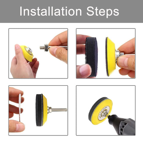 Installation steps for 140Pcs 3 Inch Wet Dry Sanding Discs Kit, showing assembly of shank pads and backing pad for polishing.