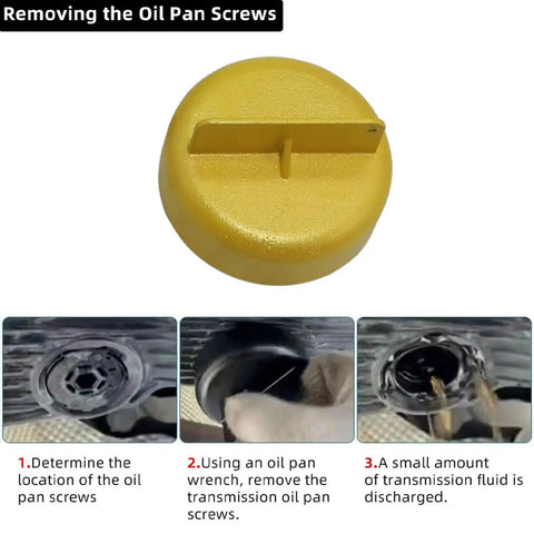 Steps for oil pan screw removal with Metal Transmission Oil Filling Tool For Mercedes Benz 9G Tronic, highlighting safe fluid discharge