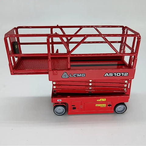 1 30 Scale Self Propelled Scissor Lift Model With Extendable Cylinders Push To Glide Skid Proof Deck Built In Access Ladder Hella Rugged Red Work Platform Replica For Garage Shelves, side view.