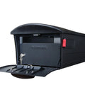 Large Capacity Post Mount Mailbox in Black Plastic, Rust-Proof and UV Resistant, Weatherproof Outdoor Parcel Drop Box with open door view