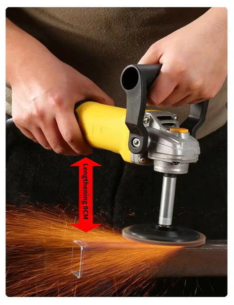 Three Piece Angle Grinder Extension Shaft Set With M10 Thread Holes 60mm Length in use on yellow rotary tool with sparks