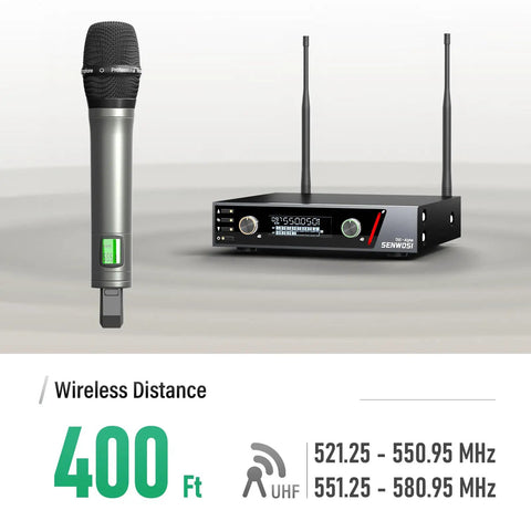 Dual Channel UHF Wireless Microphone System With Auto Scan And IR Sync Top Tier 200 Channels 400 Feet Range Cardioid Mics