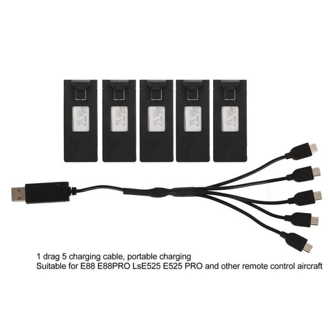 Five Pack 3.7V 1800mAh Drone Batteries With Five In One Charging Cable For E88 E88Pro LsE525 E525 Pro Long Lasting Power