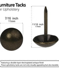 Top Shelf Upholstery Tacks And Furniture Pins For Decorative Fabric Fastening 100 Pack with 7/16 inch round head and 11/16 inch shank.