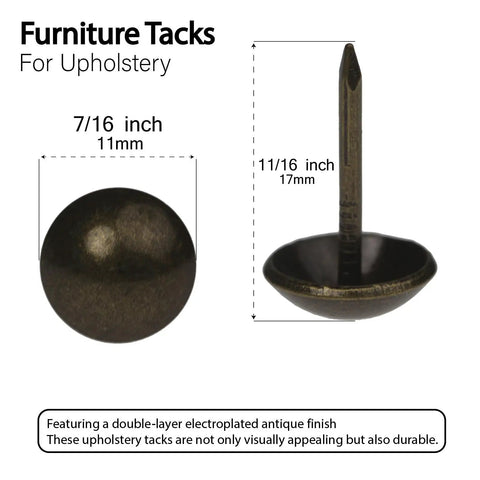 Top Shelf Upholstery Tacks And Furniture Pins For Decorative Fabric Fastening 100 Pack with 7/16 inch round head and 11/16 inch shank.