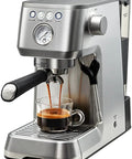 Sleek silver espresso machine with milk frother for lattes and cappuccinos, home office coffee maker with 1.7 liter water tank, glass carafe.
