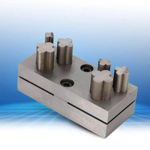 Pro Grade Disc Cutter Set For Jewelry Making With Clover Punches, steel plate with multi-size clover punches for metal cutting.