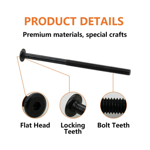 Black Socket Cap Screws And Barrel Nuts Set with flat head, locking teeth, and bolt teeth details.