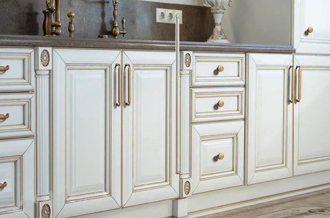 5 Inch Hole Center Antique Brass Cabinet Pulls Zinc Alloy Kitchen Drawer Pulls 6 Pack installed on white kitchen cabinets