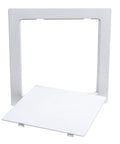 Eight By Eight Inch White Access Panel For Plumbing And Electrical Cables Slick Flush Or Surface Mount Design With Heavy Duty Abs Frame Quick Install Between Wall Studs And Ceiling Joists No Sweat Utility Cover in a closed position.