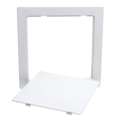 Eight By Eight Inch White Access Panel For Plumbing And Electrical Cables Slick Flush Or Surface Mount Design With Heavy Duty Abs Frame Quick Install Between Wall Studs And Ceiling Joists No Sweat Utility Cover in a closed position.
