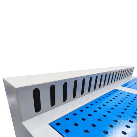 Heavy Duty Metalworking Downdraft Table Dust Collector With Side Suction For Shop Fine Dust Capture And Multi Stage Filtration That Straight Up Kicks Serious Workshop Mess To The Curb Effortlessly side suction plate and perforated blue worktop close-up