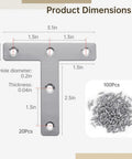 Twenty Piece Flat Corner Braces Kit with 3.1 by 3.1 inch T Shaped Shelf Brackets and Screws dimensions shown
