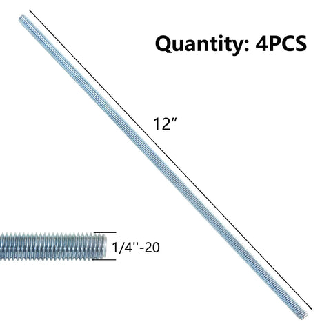 Image showing Fully Threaded Rod Zinc Plated One Quarter Inch Diameter Twelve Inch Length UNC 20 Threads Per Inch, 4-pack.