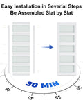 Instruction diagram for assembling Glass Barn Door 28 x 84 In With 5 Ft Sliding Hardware Kit And Handle, showing slat assembly and 30-minute installation