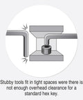 Diagram showing Set Of 9 Balldriver Stubby L Wrenches In 1.5 To 10 Mm in use; tight space access at 25-degree angle.