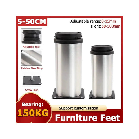 Beefy Adjustable Stainless Steel Furniture Feet Kit for 1 to 4 pieces, height 50 to 500mm, non-slip sliding, heavy duty support.