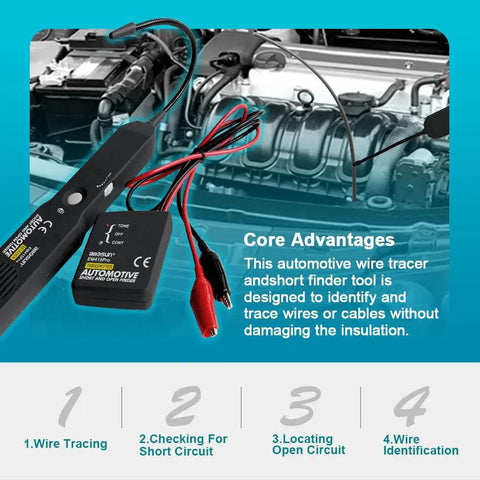 Automotive Wire Tracker Pro With Short And Open Circuit Finder And Cable Toner for DC 6 to 42V shown on car engine bay