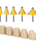 Top Shelf Five Piece Chamfer Router Bit Set With Quarter Inch Shank delivers sweet cuts from 11.5 to 45 degrees on displayed wood pieces.