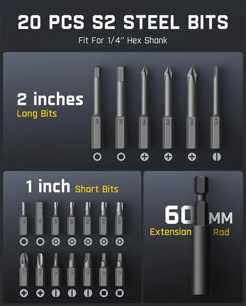 Cordless Electric Screwdriver With 7 Torque Settings Adjustable 0.5 To 6 Nm showing 20 PCS S2 steel bits and extension rod
