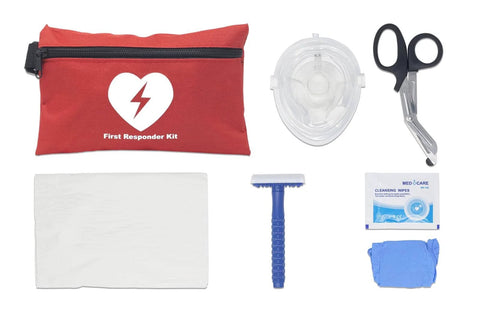 Front view of Cubix Safety First Responder Kit: red zip pouch with AED mask, scissors, wipes, gauze, and blue gloves.