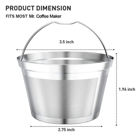 Reusable Stainless Steel Coffee Filter For Mr Coffee Makers, 4 To 6 Cup Basket, permanent metal filter with dimensions.