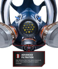 Close-up of Full Face Organic Vapor And Particulate Respirator With Dual P-A-3 Carbon Activated Cartridges, highlighting filtration features.