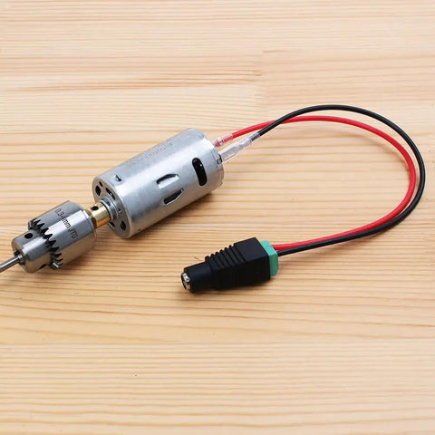 Mini DC 12V Hand Drill Kit with JT0 Chuck showing motor and wires for PCB jewelry wood plastic micro drilling.