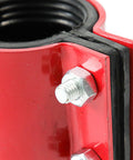 Close-up of rustproof red Heavy Duty Pipe Repair Clamp for Steel and Plastic Pipes with waterproof seal and bolt details.