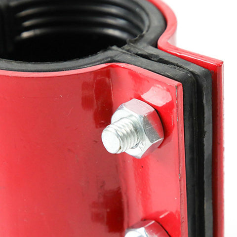 Close-up of rustproof red Heavy Duty Pipe Repair Clamp for Steel and Plastic Pipes with waterproof seal and bolt details.