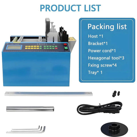 Heavy Duty Automatic Heat Shrink Tube Cutting Machine components, including host, power cord, tools, and tray.