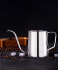 Gooseneck Pour Over Kettle 12 Oz Stainless Steel Coffee Teapot With Slim Long Spout For Precise Drips on a dark surface.