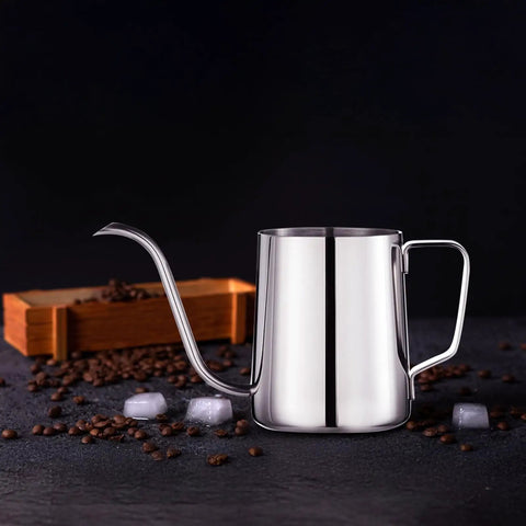 Gooseneck Pour Over Kettle 12 Oz Stainless Steel Coffee Teapot With Slim Long Spout For Precise Drips on a dark surface.