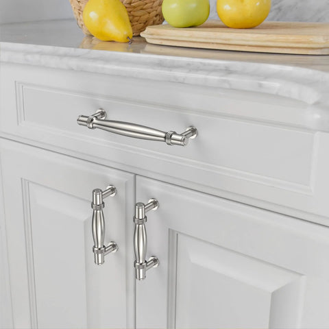 Installed 10 Pack Brushed Satin Nickel Cabinet Pulls with 5 Inch Hole Centers for cabinets and drawers, modern kitchen hardware