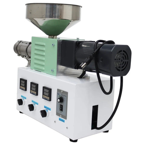 Badass Single Screw Extruder Desktop Machine For Custom 3D Printer Filament Production with stainless funnel and controls.
