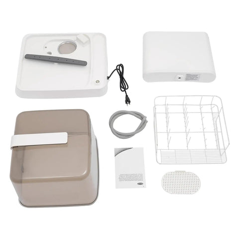 Portable Countertop Mini Dishwasher Electric Automatic Tabletop Washing Unit With Slick 360 Degree Spray Action And High Temperature Scrubbing For Dorms Apartments And Rv Travel Rock Solid Construction No Hassle Operation assembly components including lid, hose, and rack.