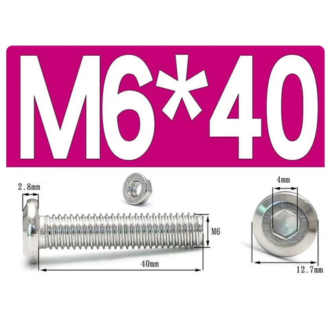 Stainless Steel M6 Beveled Hex Socket Head Screws with Flange Nuts Kit for DIY Projects, M6x40 size dimensions shown.