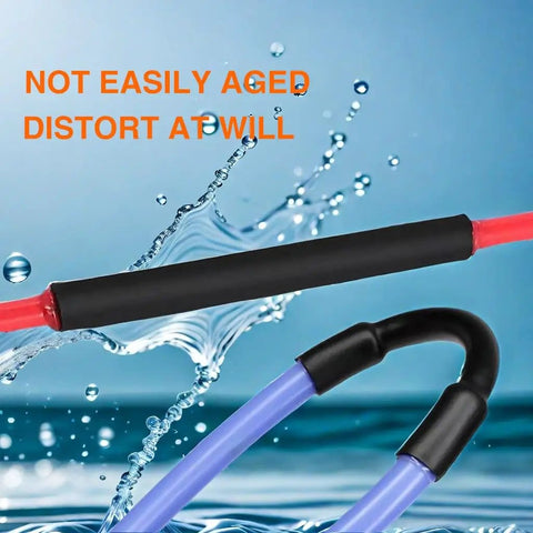 Close-up of waterproof heat shrink tubing sealing a red wire with water backdrop, part of 180 Piece Heat Shrink Tubing Kit With Adhesive Three To One Ratio Waterproof Wire Wrap Tubing In Seven Sizes For Auto Electrical Repairs Marine Electrical DIY Projects Black Super Handy.