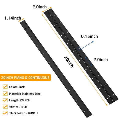Heavy Duty Piano Hinges 20 Inch Long 2 Inch Open Width Black Stainless Steel With Holes Built To Last For Wood Furniture Cabinets Doors Mailboxes Tool Storage Boxes diagram